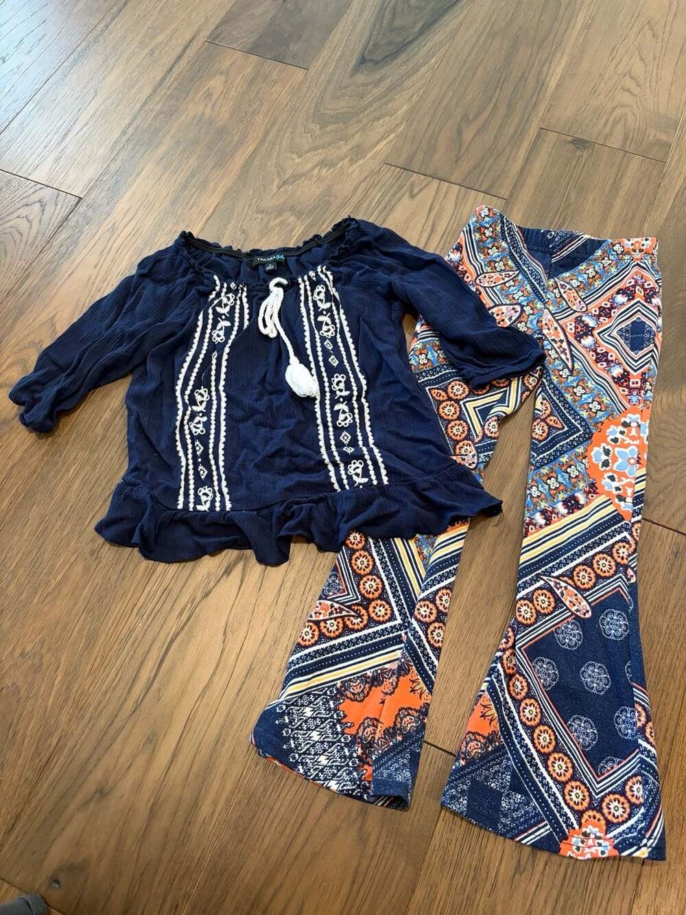 Takara Girls Boho Embroidered Peasant Top and Flare Pant Set